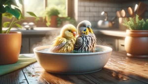 2 oiseaux qui prennent leur bain