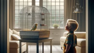 Oiseaux de compagnie en cage avec un enfant